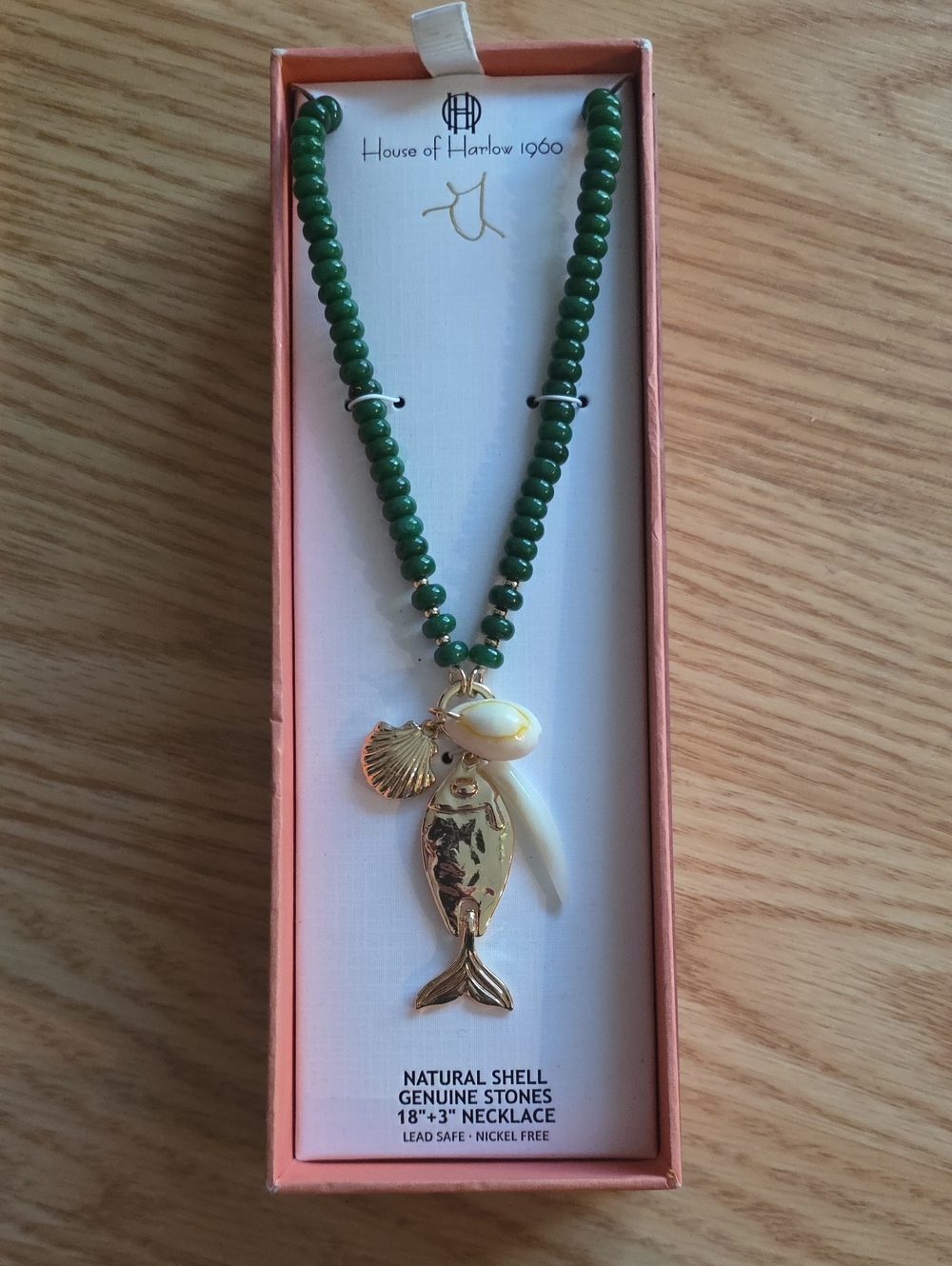 House of Harlow 1960 Green Beaded Necklace with Gold Fish & Shell Charms